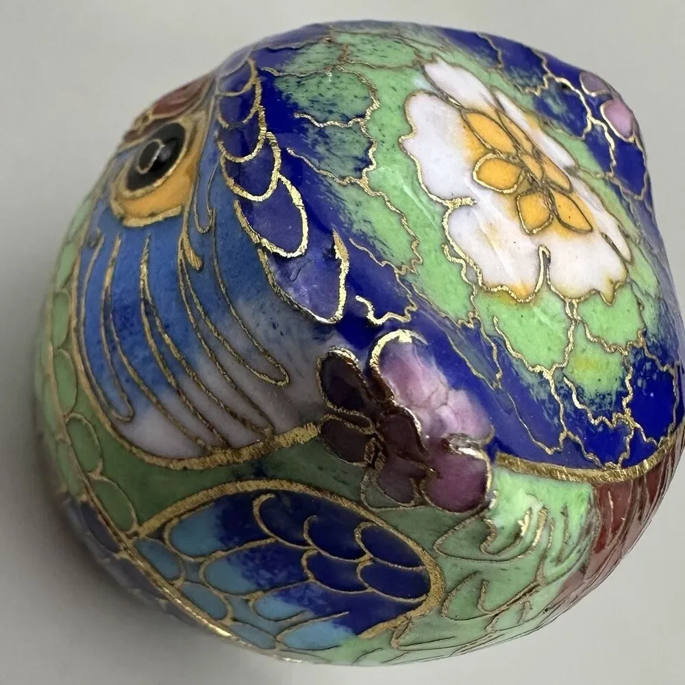 VTG Cloisonne Owl Trinket Box Mini Enamel Bird Figurine Jewelry Pill Box 2”